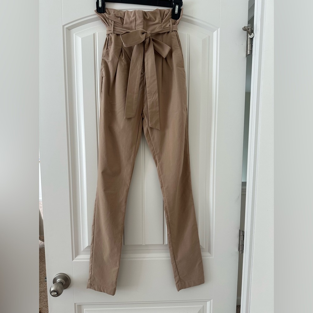 High-Waist Tie Waist Pants - Tan
